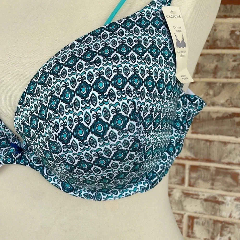 Cacique Teal White Geometric Boost Plunge Plus Size Bra - Picture 2 of 14